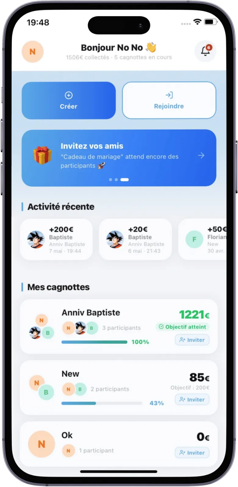 Écran d'accueil Unikado – toutes vos cagnottes cadeau en un coup d'œil